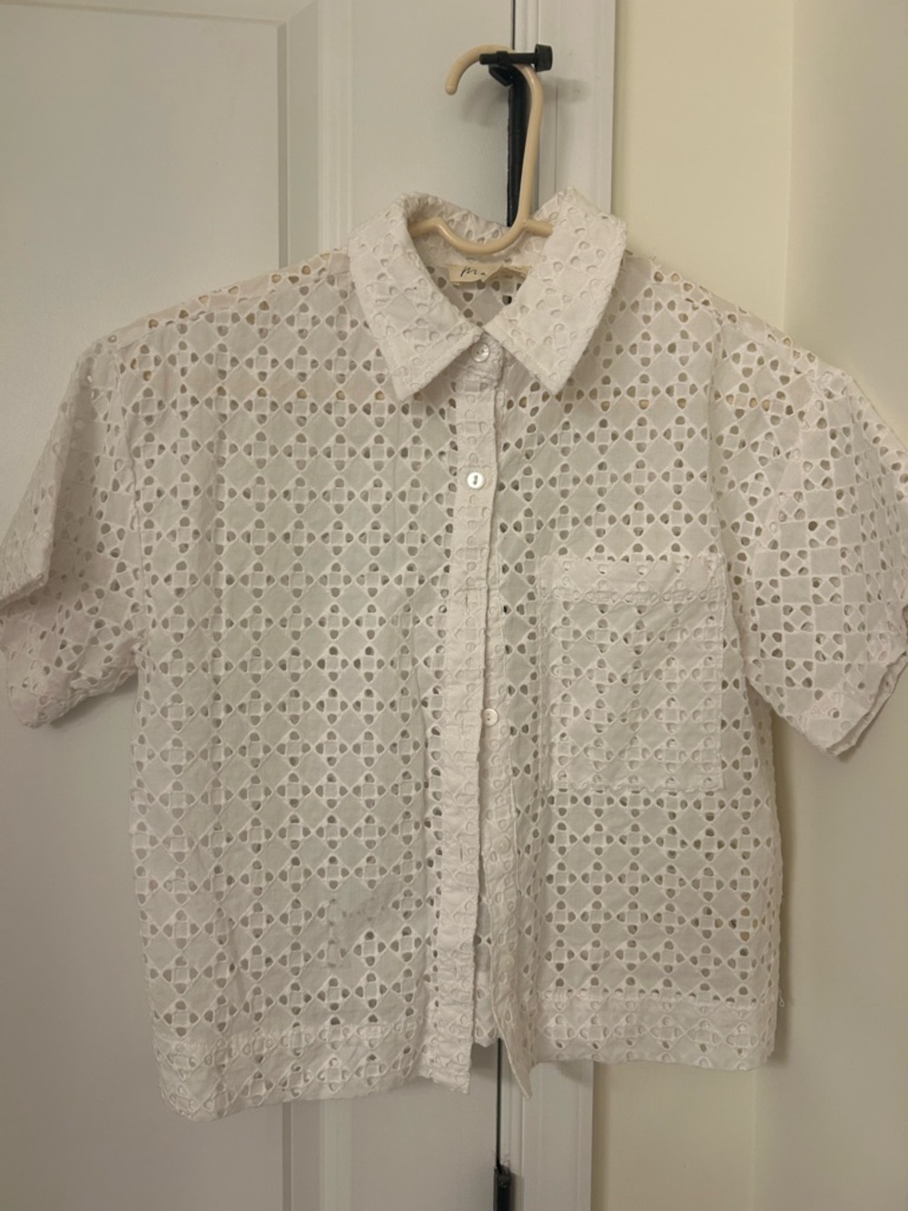 Marled White Eyelet Button Up Short Sleeve Shirt Top Women Size Xanax